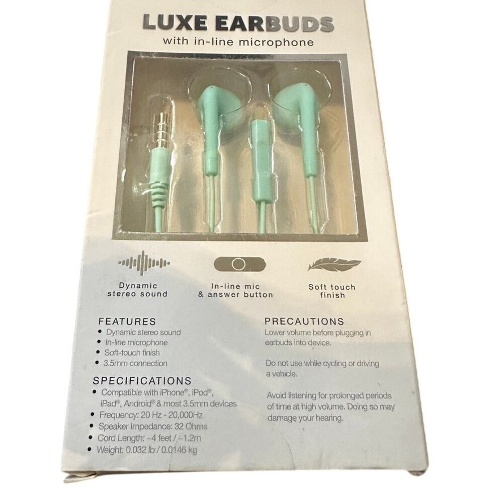 Live‎ Love Music Luxe Earbuds Mint Green In-Line Mic Soft Touch Headphones 3.5mm